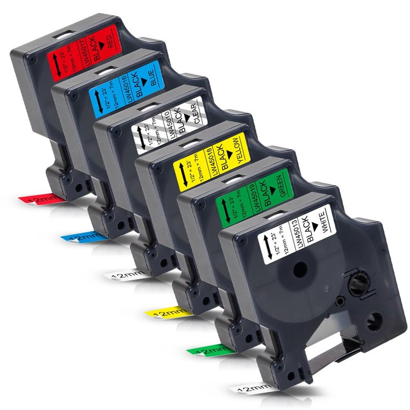 Labelwell 6-Pack Replacement For Dymo D1 Label Tape 45013 45010 45016 45017 45018 45019 Color 1/2    Refills For Labelmanager 160 280 210D 360D 420P 450D 450P 450Duo, Clear/White/Blue/Red/Yellow/Green - Image 1